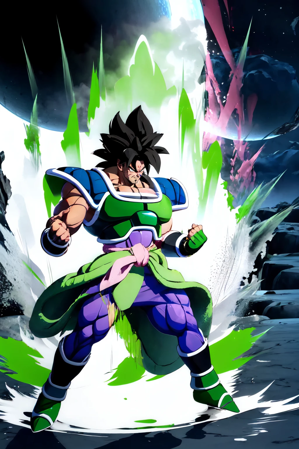 Highly detailed, High Quality, Masterpiece, beautiful, Ki Charge, aura, fighting stance, full body, <lora:DBKiCharge:0.9>, green aura, Broly, broly, muscular male, scar, scar on face, scar on chest, black hair, saiyan armor, <lora:Char_DragonBall_Broly:0.8>