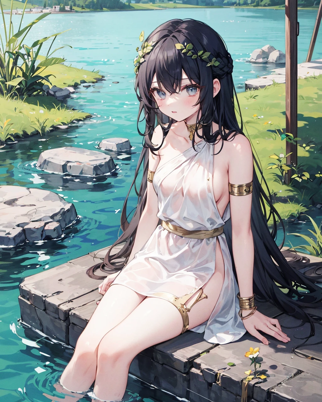 1girl,solo,, greek clothes, peplos, laurel crown, armlet, <lora:GreekClothes:1>,
sitting,outdoors,lake,rock,reeds, black hair, long hair,
