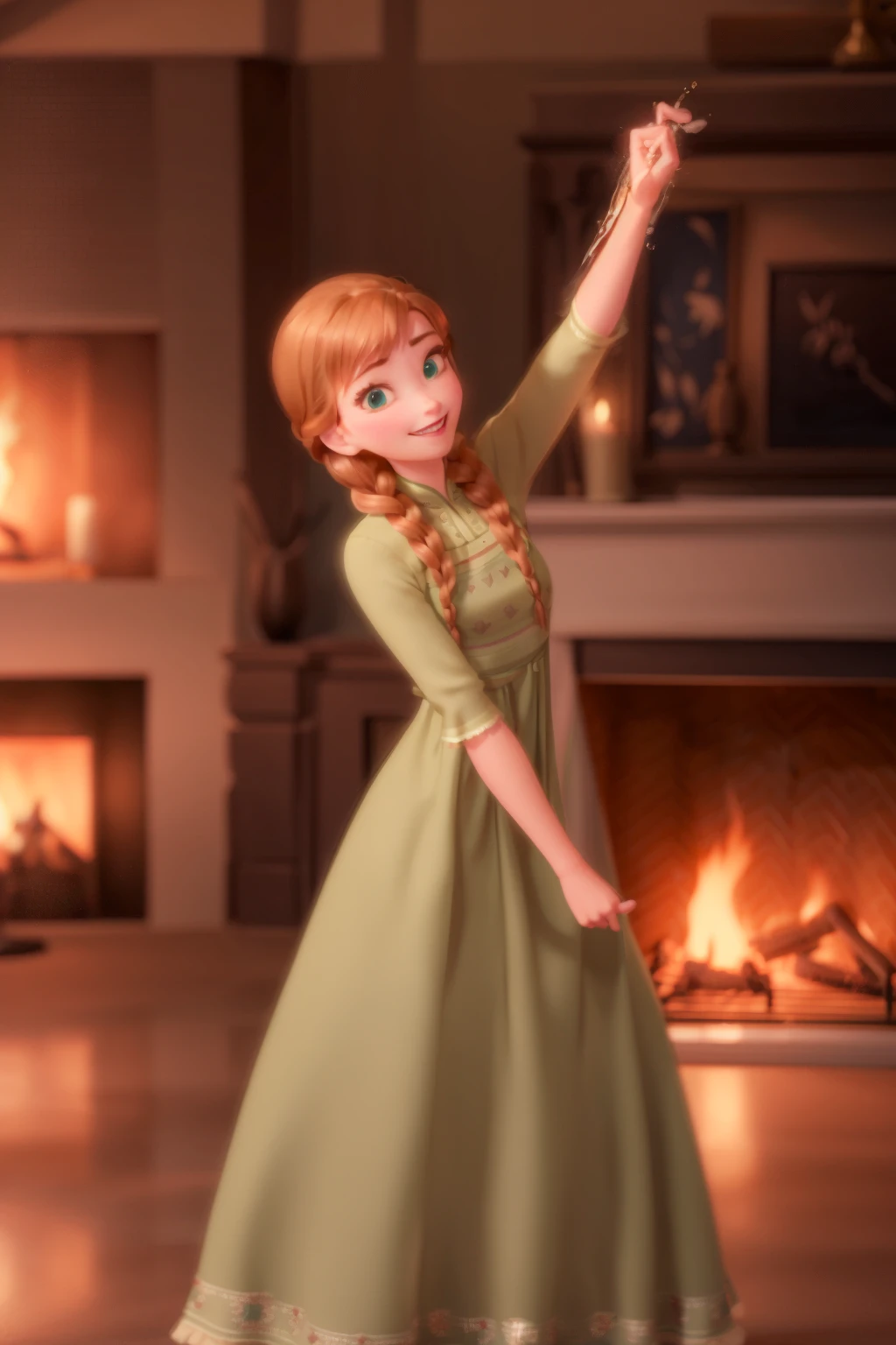 (masterpiece:1.4), (best qualit:1.4), (high resolution:1.4),
anna of arendelle, green nightgown, twin braids,
indoors, night, fireplace, dance,
looking at viewer, smile,
<lora:anna_of_arendelle_v21:1>