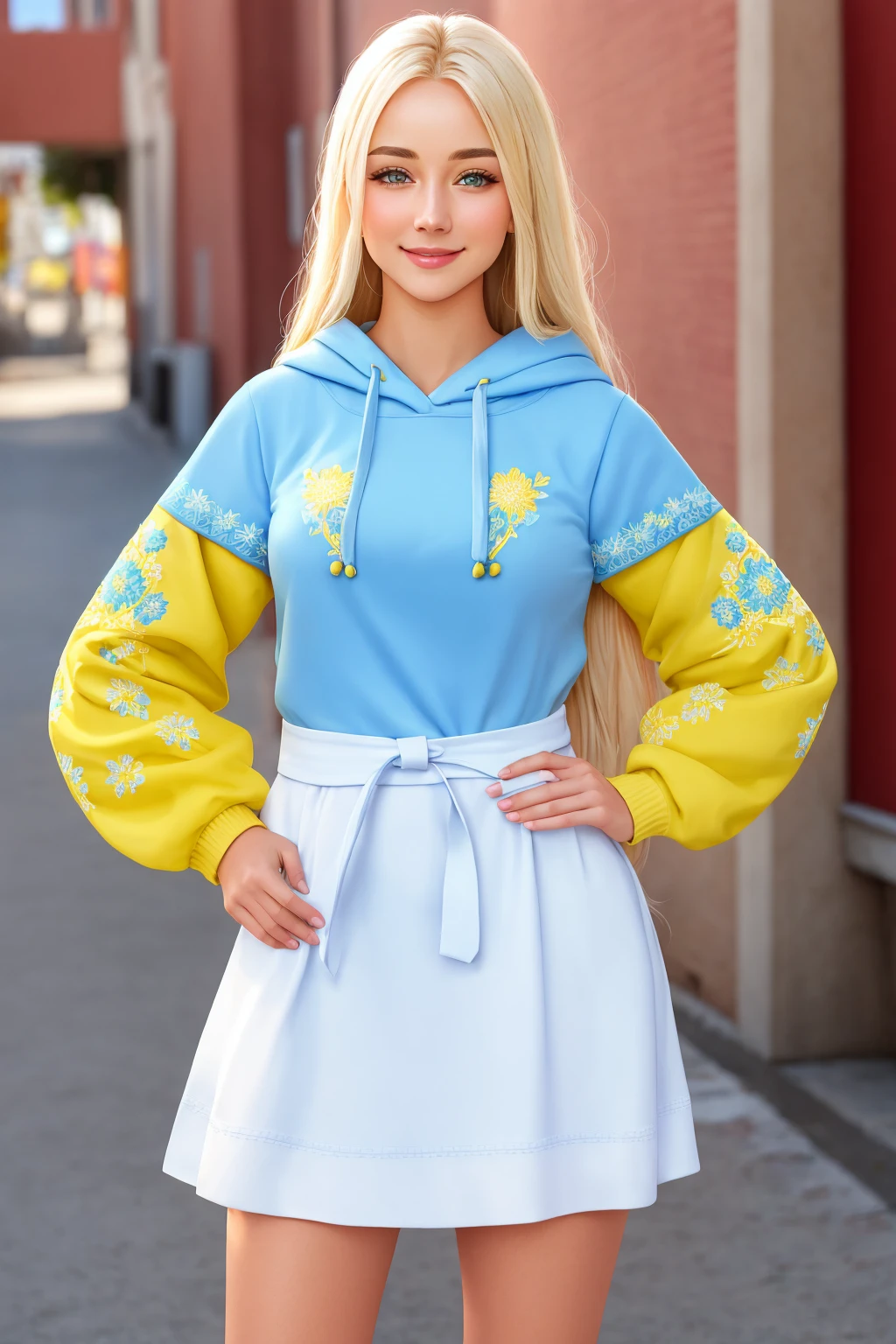 Masterpiece, absurdres, fine detail, HDR,hoodie,blue,yellow,
blonde woman,beautiful smile, highly detailed facial features, floral embroidery, hoodie, a woman posing for a picture , wearing [edgVyshivanka|hoodie],edgVyshivanka style embroidery 
edgVyshivanka style embroidery, wearing edgVyshivanka, 1girl, solo, long hair, looking at viewer, smile, blue eyes, blonde hair, dress, standing, full body, white dress, hand on hip, sash, white footwear, skirt hold, photo background
 <lora:VyshivankaHoodies:0.88>