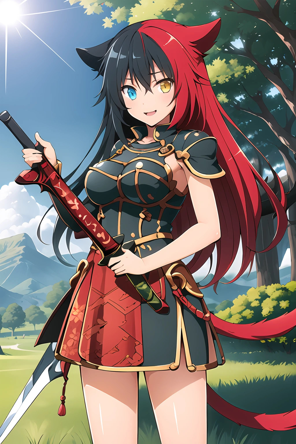 masterpiece, 1girl, ibaraki douji \(onigiri\), cat ears, tail, black hair, red hair, medieval armor, knight, holding, sword, weapon, long hair, multicolored hair, fantasy, mountains, castle in background, grass, forest, sun, lens flare, highly detailed, best quality, facing viewer, best quality, blue eyes, yellow eyes