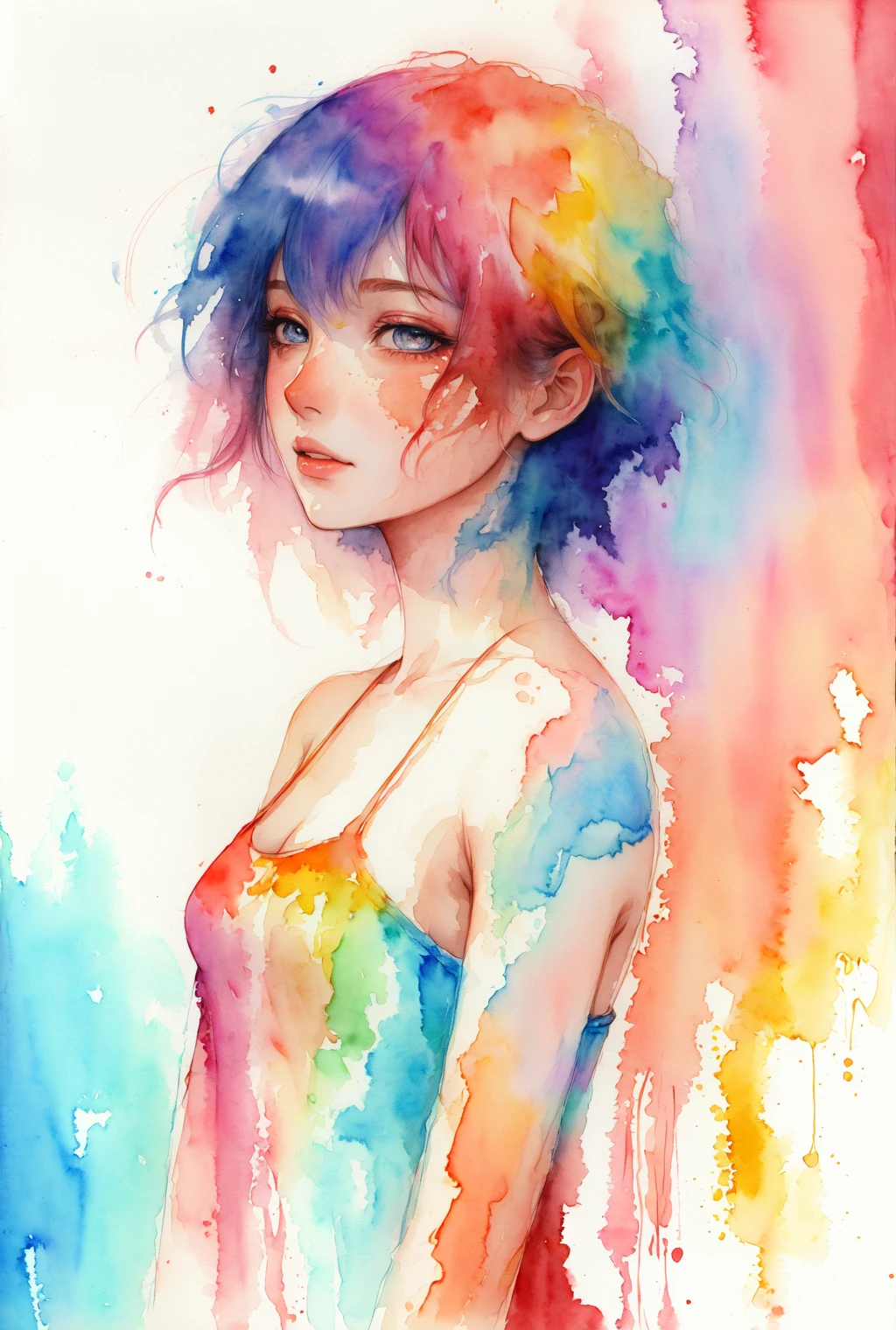 ( watercolor \(medium\), drawing, IrisCompiet:1.2),<lora:IrisCompietStyle:0.9>, , painting of woman, psychedelic background, rainbow theme, sfw