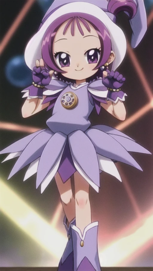 (bloom lighting), (smooth lighting), (smooth coloring), (smooth shading), (light particles),(bestquality),(masterpiece), game cg, 4k,(5 fingers:1.5),( girl), (ultimate cute girl), (segawa onpu), 1girl, (full body),purple hair, purple eyes, short hair, side ponytail, (onpuwitch01),(purple gloves:1.5), jewelry, purple hat, purple boots, earrings, compact (cosmetics), skirt, purple dress , (magical girl), (model pose), (smile), <lora:onpu_segawa_v1:0.8>