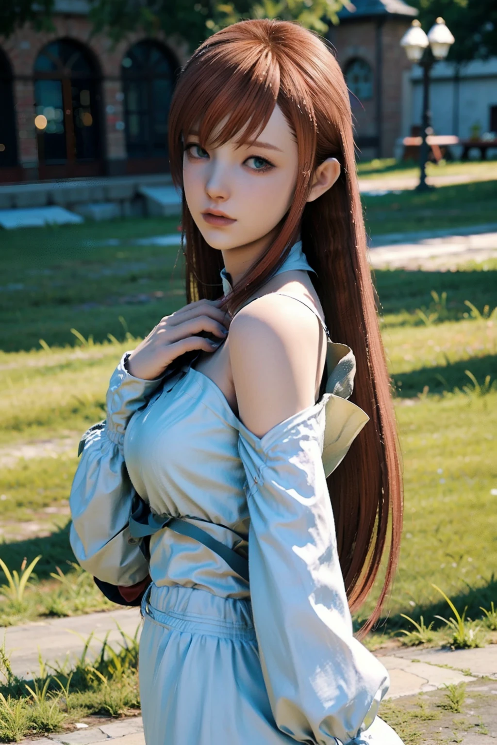 (8k, RAW photo, best quality, masterpiece:1.2), ( soft lighting, high saturated):1.4,blurry_background,looking at viewer, white dress, off shoulder, orange hair, detailed eyes, long hair, bangs, full body, long sleeves, <lora:Ryne_1.0:0.7> outdoors, from side,