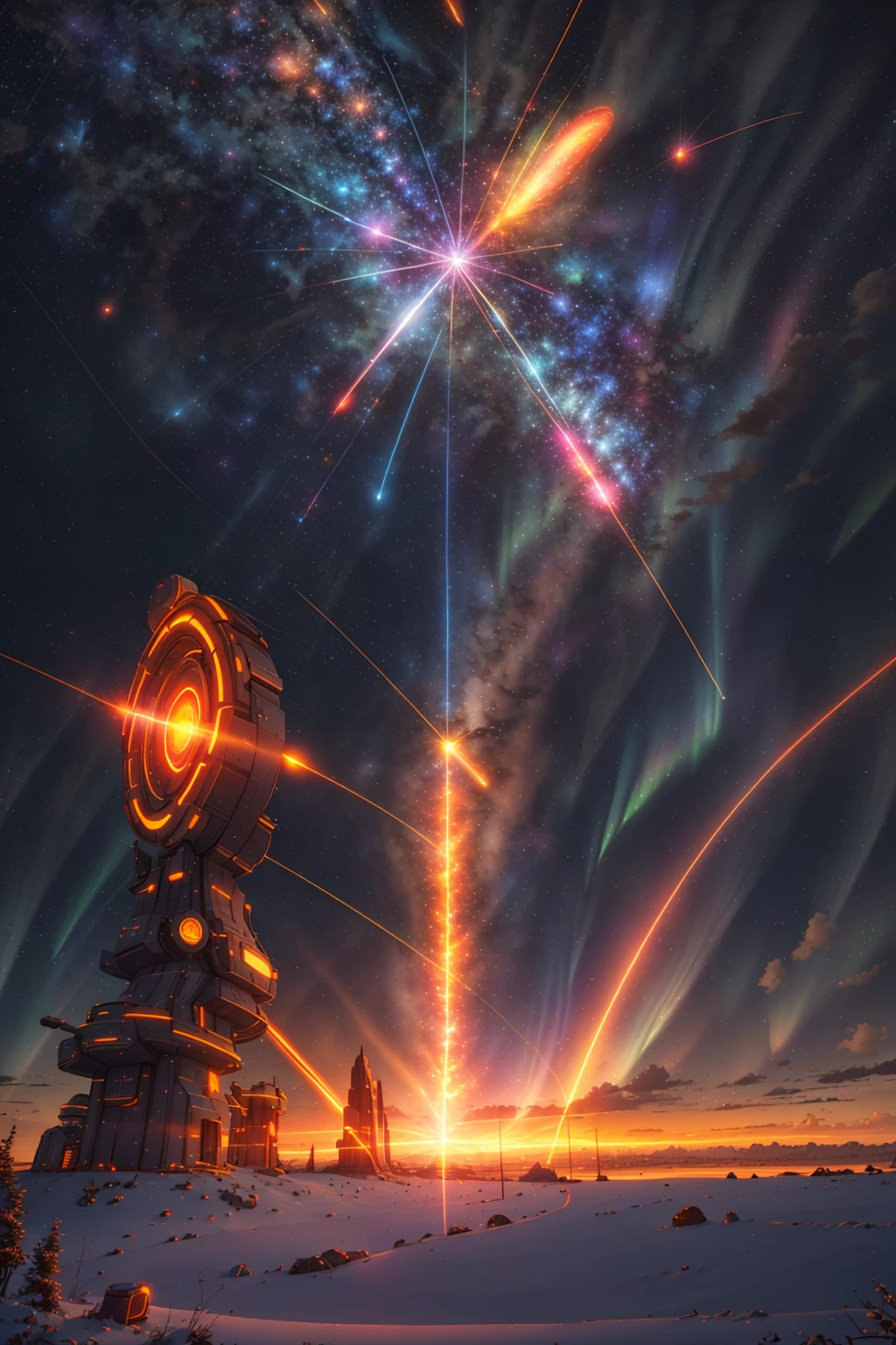 <lora:FuturusticScapes-v2:1>,large glowing portal, star (sky), starry sky, fire, space, milky way, embers, shooting star, galaxy, sunset, night sky, explosion, sky, night, aurora, fireworks, light particles, burning, planet, twilight, flame, science fiction, starry background, sparks, snowing, dusk, gradient sky, skyline, earth (planet), sun, evening, no humans, scenery, orange sky, cloud, ruins, diffraction spikes, constellation, light, light rays, torch, sunrise