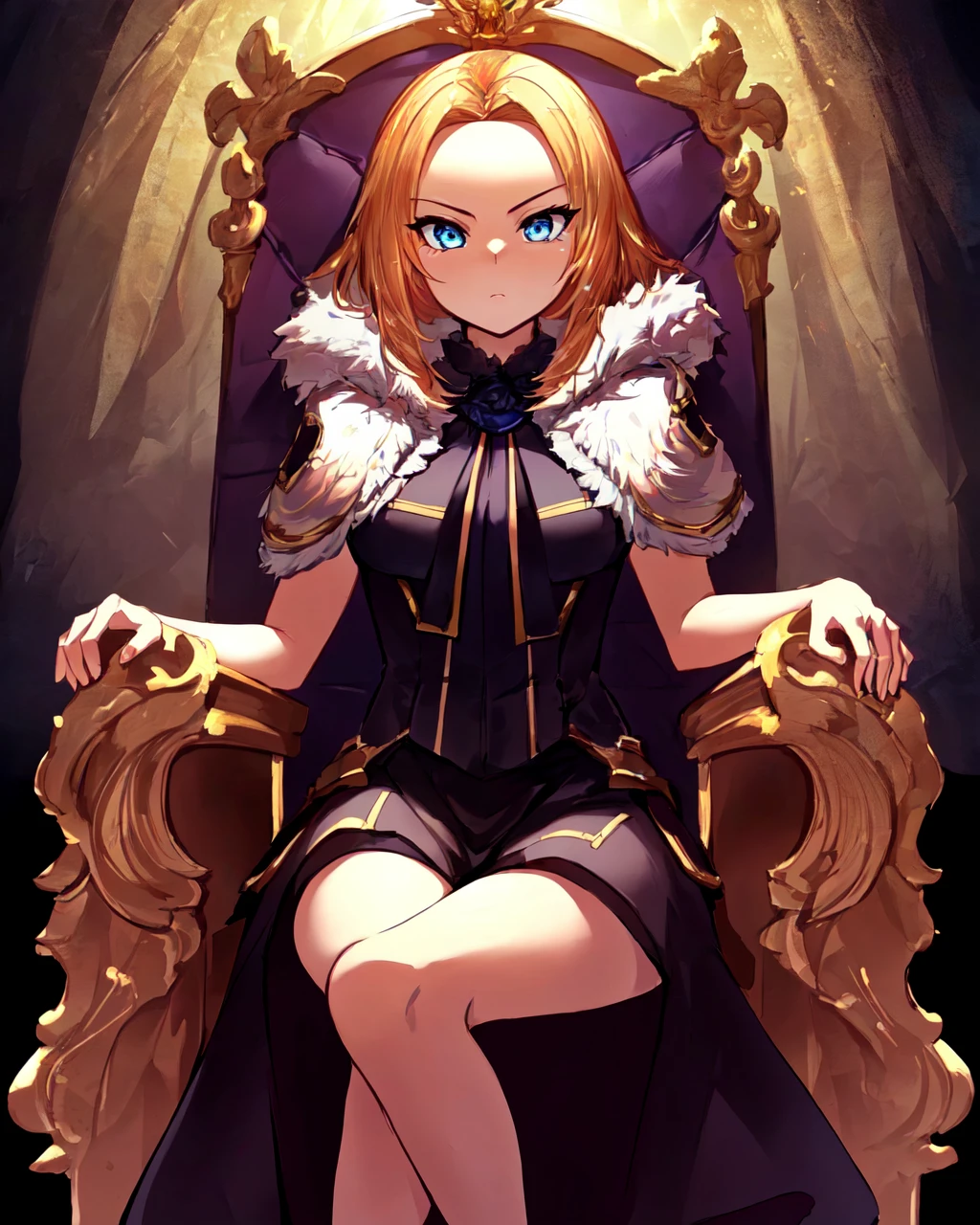 <lora:e7 Charlotte2:0.6> e7 Charlotte, sitting on the throne, huge forehead,
(masterpiece),  best quality, highres, 4k, 8k, Detailed Illustration, intricate detail, cinematic lighting, amazing quality, 1girl, fit female, amazing shading, soft lighting, facing camera, perfect eyes