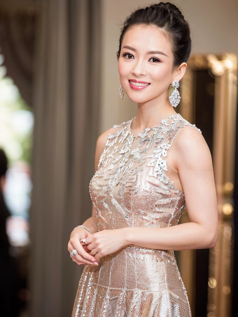 zzy, jewelry, solo, earrings, necklace, black hair, smile, single hair bun, (formal dress:1.6), realistic, hair bun, bracelet, grin, ulzzang-6500v1.1, (original: 1.2), (realistic: 1.3) , beautiful girl with beautiful details, extremely detailed eyes and face, eyes with beautiful details, absurd, incredibly absurd, huge file size, ultra detail, high resolution, ultra detailed, best quality, masterpiece, illustration, ultra detailed and beautiful, ultra detailed, CG, unity, 8k wallpaper, amazing, fine Detail, masterpiece, top quality, official art, extremely detailed CG unity 8k wallpaper, cinematic lighting, (perfect shiny skin:0.6), slim and smooth lines, (floating), (small breasts:1), earrings <lora:Zhangziyi_v10:0.8>
