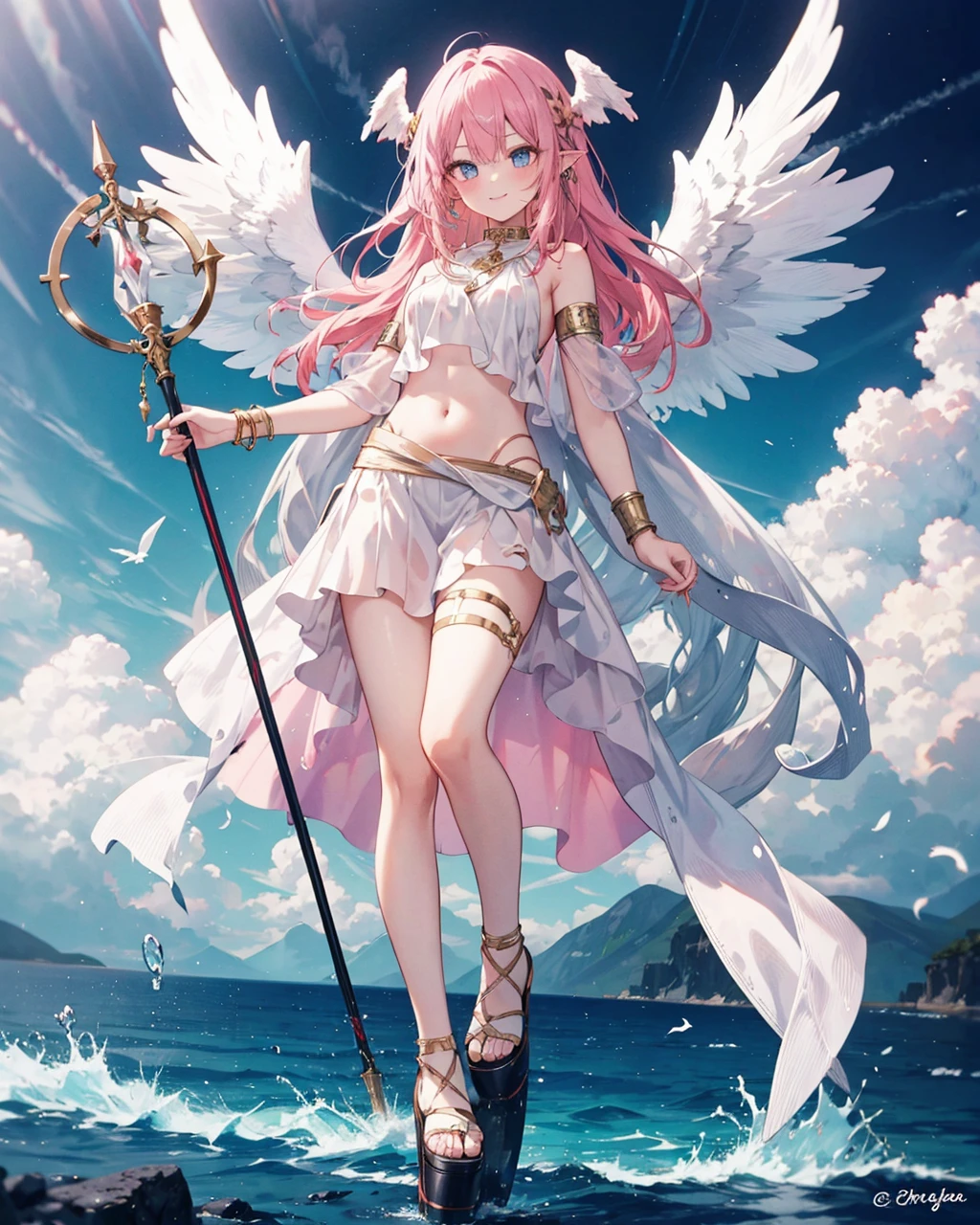 <lora:GreekClothes:1>,
greek clothes, peplos, 1girl, solo, wings, long hair, navel, pink hair, pointy ears, skirt, feathered wings, staff, jewelry, sandals, smile, small breasts, platform footwear, white skirt, bracelet, head wings, looking at viewer, full body, multicolored eyes, holding, breasts, blue eyes, holding staff, armlet, thighlet, very long hair, cloud