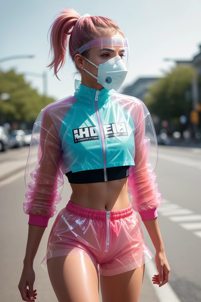 a young woman, street, ponytails, messy hair, wearing a vivid jacket, tshirt crop top, (loose shorts), (wearing fashionable detailed translucent (plastic [medical|scifi] mask covering mouth)), (walking towards camera), (hdr:1.3), (muted colors:1.2), dramatic, complex background, cinematic, filmic, (artstation:0.8), soaking wet, detailed toned ripped body, detailed leg muscles, <lora:weird future fashion_v4:0.8>, professional supermodel photoshoot, shallow depth of field, sharp focus, bokeh