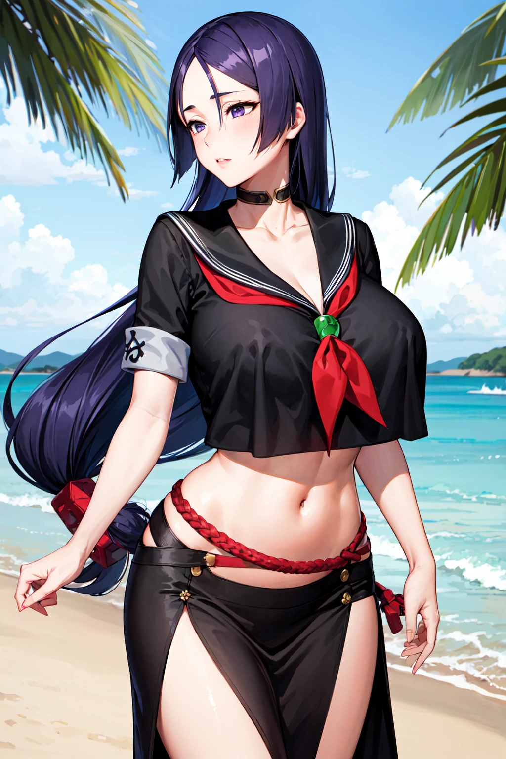 masterpiece, best quality, highres, hmmr1, minamoto no raikou (fate), low-tied long hair, school uniform, black serafuku, black shirt, crop top, collarbone, neckerchief, midriff, long skirt, choker, side slit, sailor collar, <lora:minamoto_no_raikou_v1:0.7>, cowboy shot, standing, beach