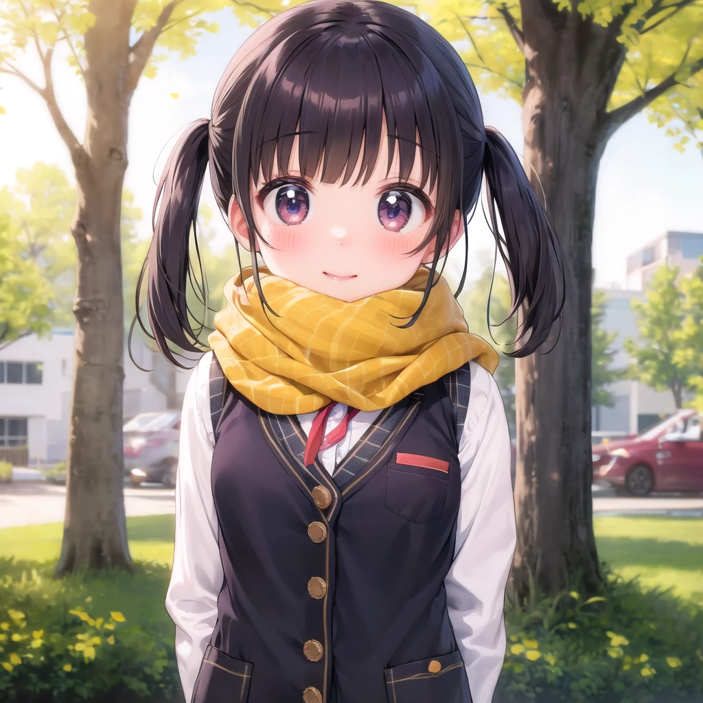 cute girl yeah,kawaii,vest cardigan,scarf mittens ,arms behind back,outdoors,