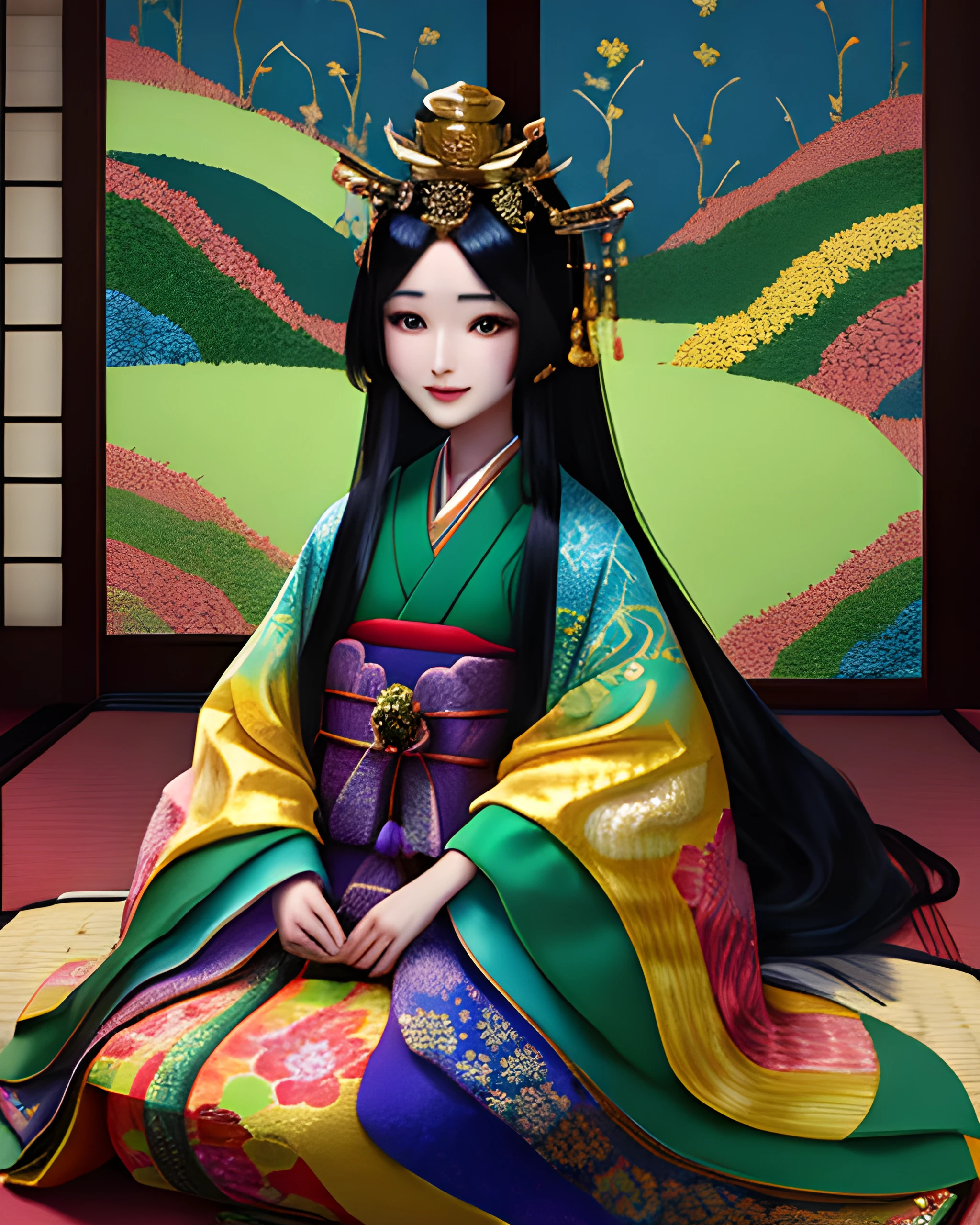 woman wearing a juunihitoe, waist up, straight black hair, very long hair, fancy headdress, (green gold and blue)1.1, colorful, bright colors, elaborate patterns, extremely detailed clothes, brocade, sweet smile, traditional japanese house, sunlight, masterpiece, highest quality, 8k, trending on artstation