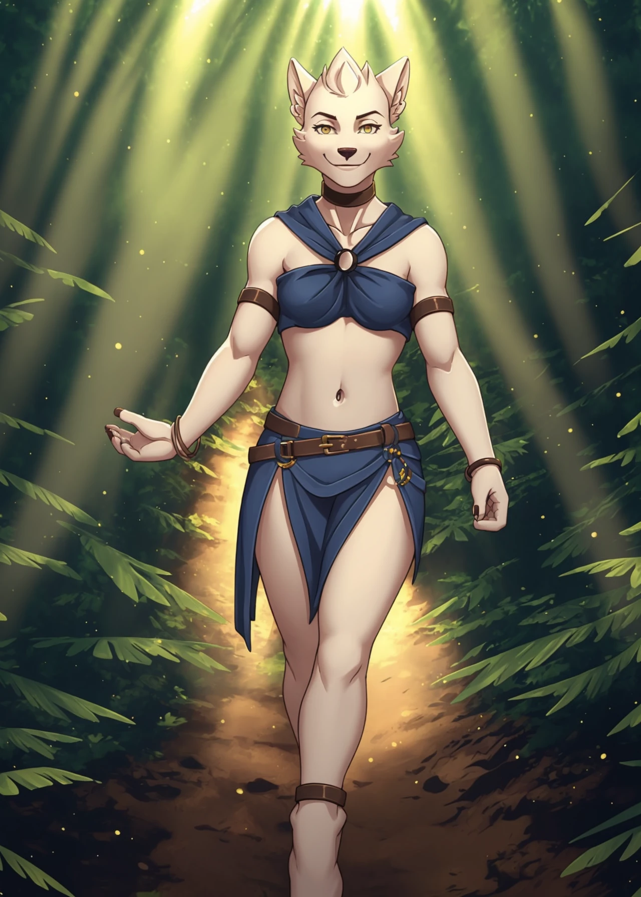 <lora:verissa-07:1>, verissa, solo female, solo, looking at viewer, smile, navel, bare shoulders, closed mouth, collarbone, full body, choker, midriff, belt, bracelet, arm support, ring, armlet, breasts, medium breasts, forest background, sunny day