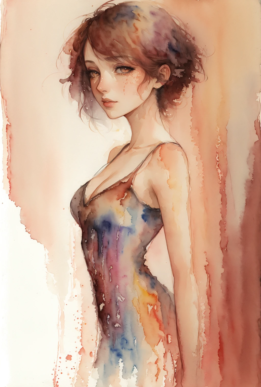 ( watercolor \(medium\),    IrisCompiet:1.2),<lora:IrisCompietStyle:0.9>, painting of a woman, Taupe Brown theme, abstract background