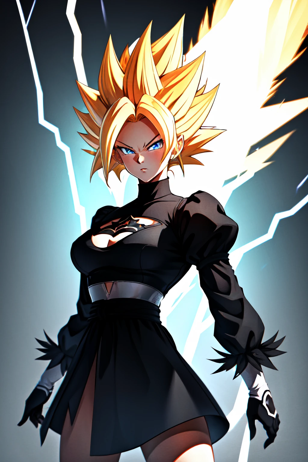 Highly detailed, High Quality, Masterpiece, beautiful, SuperSaiyan, <lora:SuperSaiyanHair:0.5>, 1girl, solo, cowboy shot, blonde hair, super saiyan, spiked hair, aura, electricity, yorha no. 2 type b, nier \(series\), <lora:Char_Nier_2B:0.5>