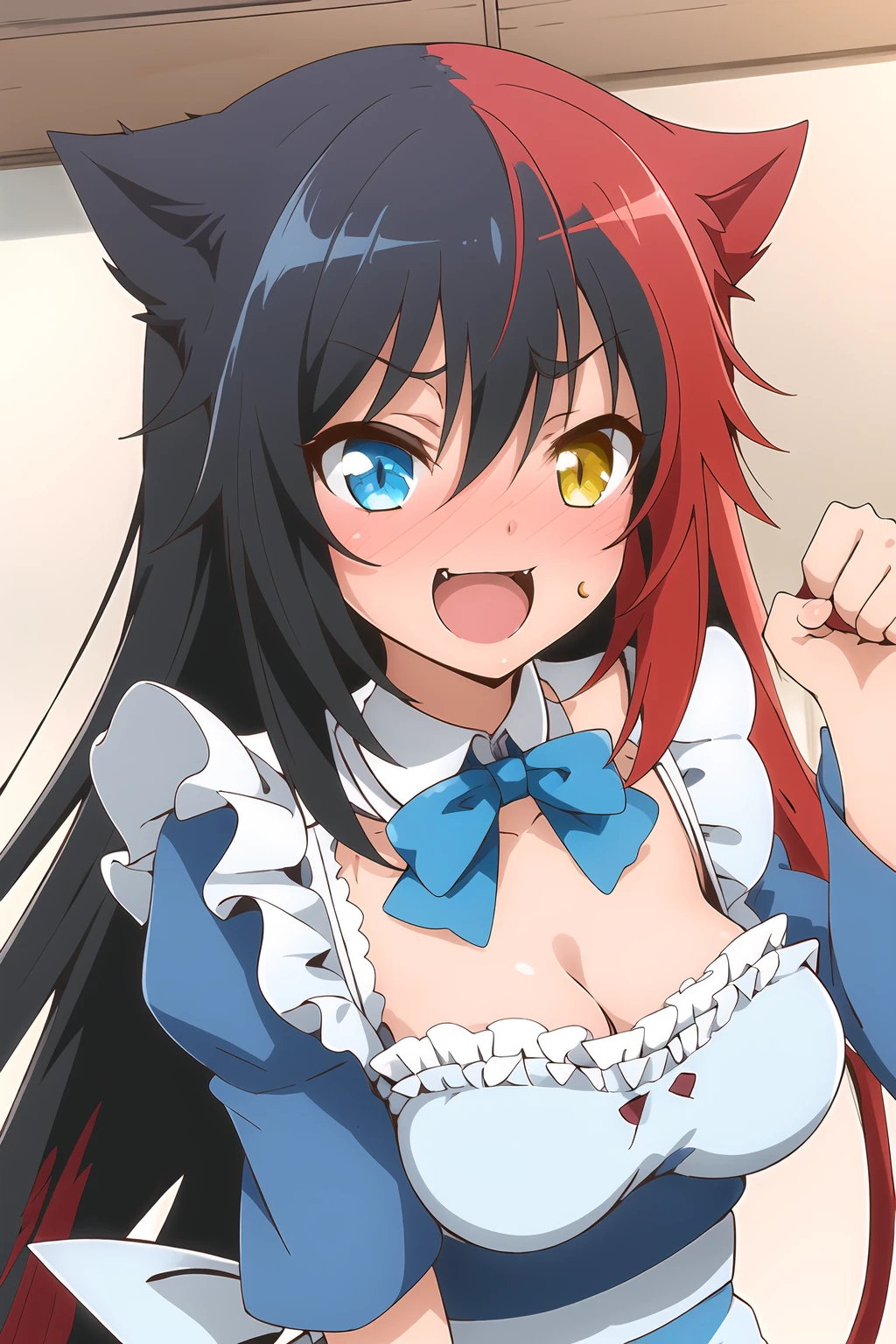masterpiece, 1girl, ibaraki douji \(onigiri\), face, cat ears, fang, paw pose, black hair, blue dress, frills, maid outfit, blush, nyan, open mouth, long hair, multicolored hair, best quality, blue eyes, yellow eyes, cute