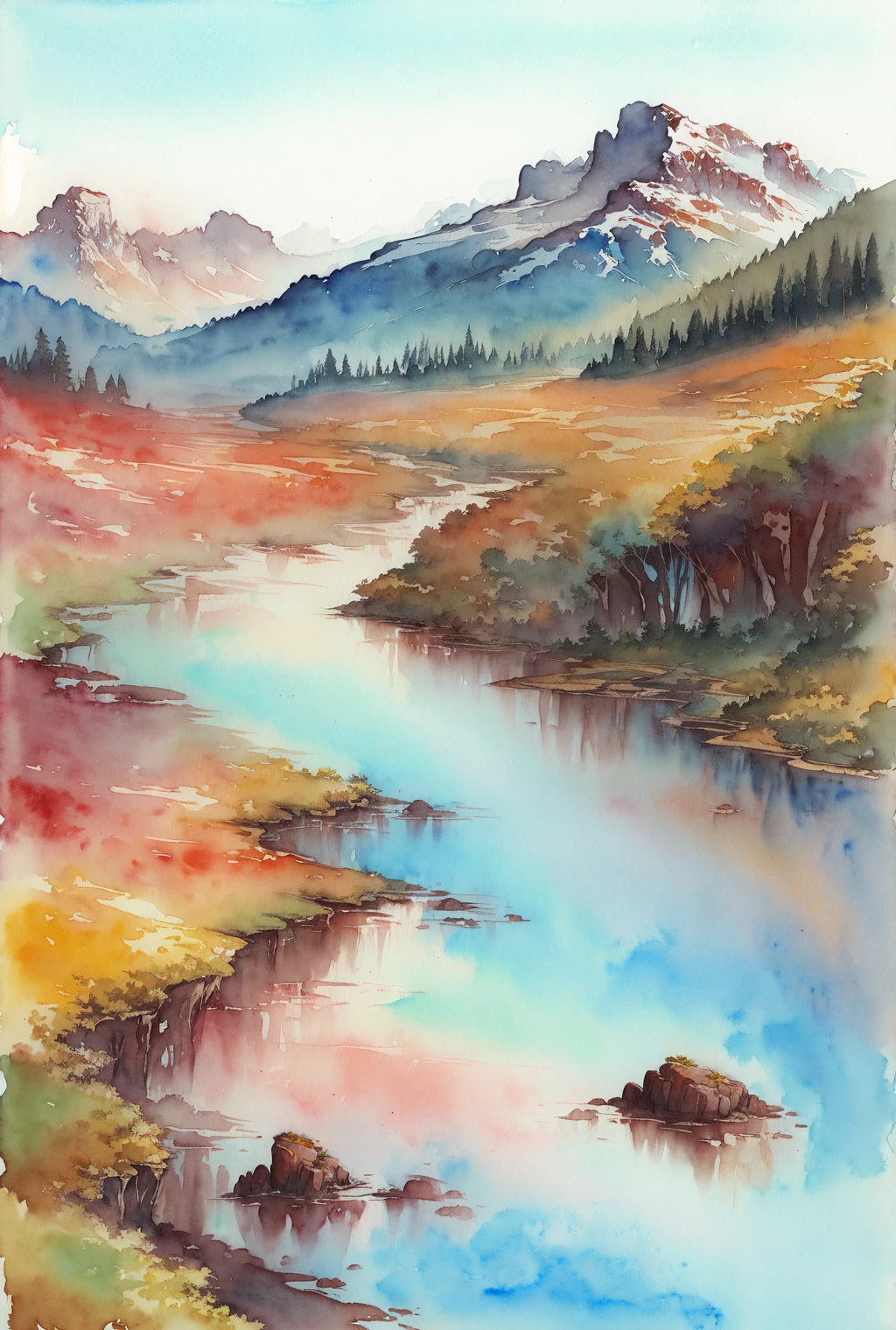 ( watercolor \(medium\), drawing,   IrisCompiet:1.2),<lora:IrisCompietStyle:0.9>, painting of  arctic alpine tundra, landscape, sfw