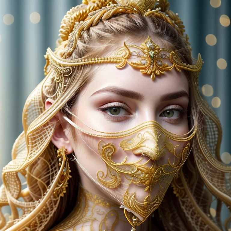 <lora:weird future fashion_v4:1> extreme close up shot, adult supermodel with detailed long golden curly flowy hair, wearing golden ((translucent and intricately embroidered) nose ring jewellery, wearing intricate barbed headress, (([fishnet mesh mask cloth covering face, fractal mouth gag:detailed lips:0.4]):1)), extremely detailed face, freckles, wearing colorful weird future fashion, luxurious and intricate golden accents, cinematography, intricately detailed, crafted, meticulous, magnificent, maximum details, extremely hyper aesthetic, (strong shallow depth of field, bokeh, professional photoshoot), (overcast lighting, flat even studio lighting), strong jawline sexy face, front lit, (low contrast, hdr), (smoldering gaze), twinkling smiley eyes, pale green eyes, realistic skin texture