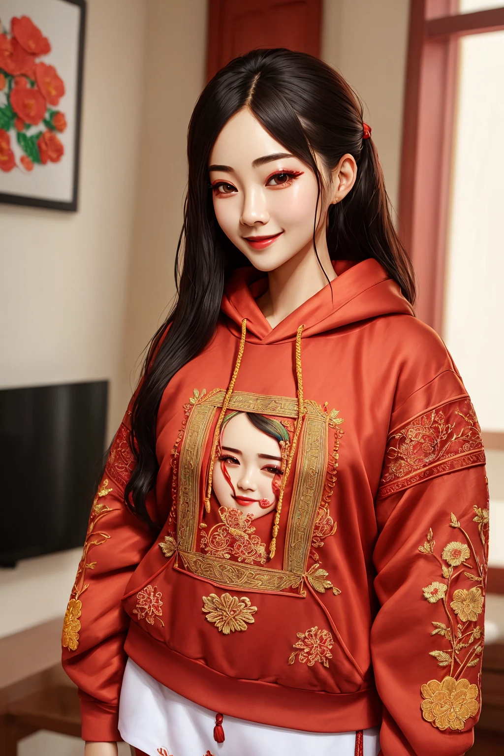Masterpiece, absurdres, fine detail, HDR,
(dudou,dudou_embroidery:1.25),  woman wearing the [dudou|hoodie]
hoodie, a womanposing for a picture, smiling ,  chinese style,multicolor,
 <lora:DudouHoodies:0.78>