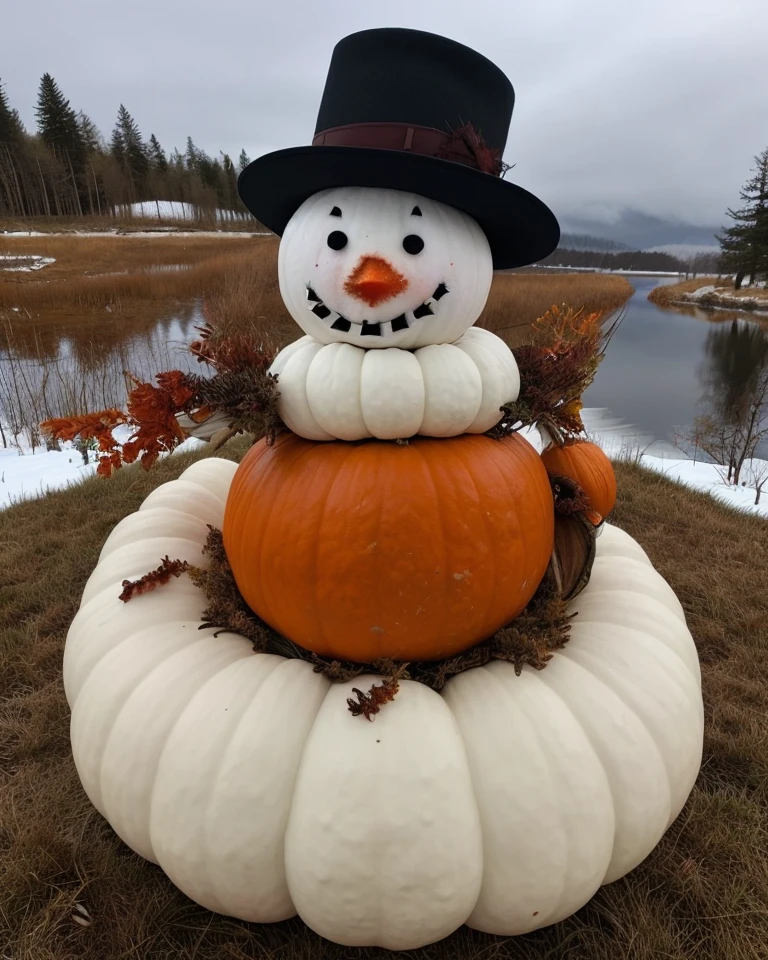 a realistic pumpkin snowman hybrid