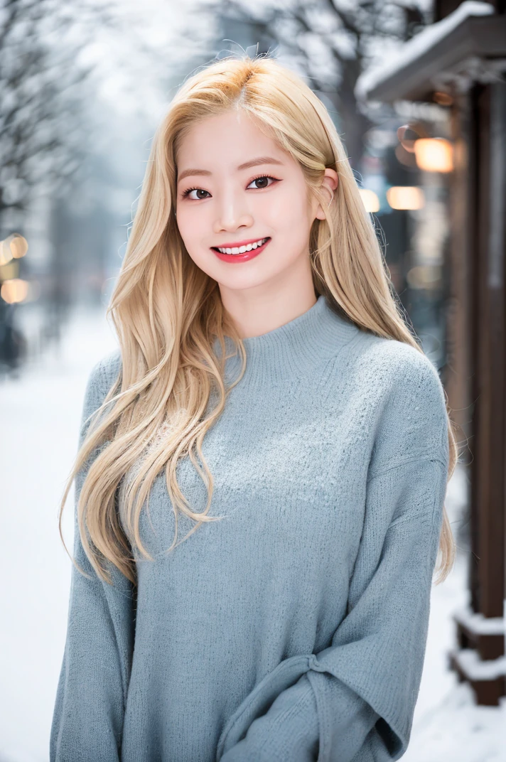 professional portrait photograph of (dahyunnie), ((Dahyun) in winter clothing with long wavy blonde hair, sultry flirty look, gorgeous symmetrical face, cute natural makeup, wearing elegant warm winter fashion clothing, ((standing outside in snowy city street)), stunning modern urban environment, ultra realistic, concept art, elegant, highly detailed, intricate, sharp focus, depth of field, f/1. 8, 50mm, upper body, (((professionally color graded))), bright soft diffused light, (volumetric fog), trending on instagram, hdr 4k, 8k, (grin), <lora:xelor_TwiceDahyun_2.0:1>