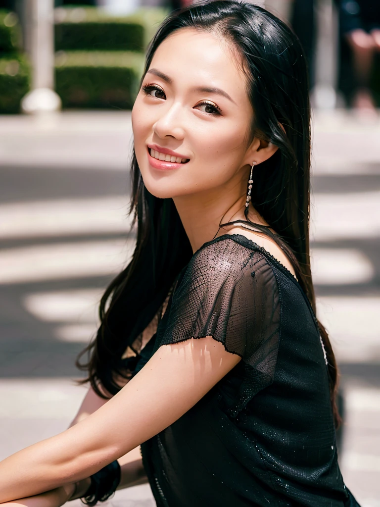 zzy,  solo, long hair, smile, black hair, ealistic, looking at viewer,  black eyes, upper body, teeth, grin, blurry background, (short sleeves shirt:1.5), blurry, lips, ulzzang-6500v1.1, (original: 1.2), (realistic: 1.3) , beautiful girl with beautiful details, extremely detailed eyes and face, eyes with beautiful details, absurd, incredibly absurd, huge file size, ultra detail, high resolution, ultra detailed, best quality, masterpiece, illustration, ultra detailed and beautiful, ultra detailed, CG, unity, 8k wallpaper, amazing, fine Detail, masterpiece, top quality, official art, extremely detailed CG unity 8k wallpaper, cinematic lighting, (perfect shiny skin:0.6), slim and smooth lines, (floating), (small breasts:1),  hood earrings  <lora:Zhangziyi_v10:0.8>