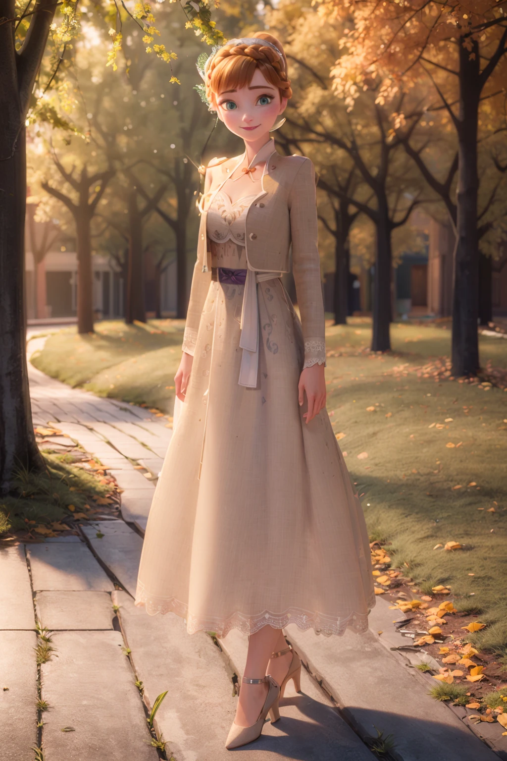 (masterpiece:1.4), (best qualit:1.4), (high resolution:1.4), anna of arendelle, cream jacket, aubergine_belt, cream pumps, updo, white dress, outdoors, autumn, forest, nature, medieval town, looking at viewer, smile, <lora:anna_of_arendelle_v21:1>