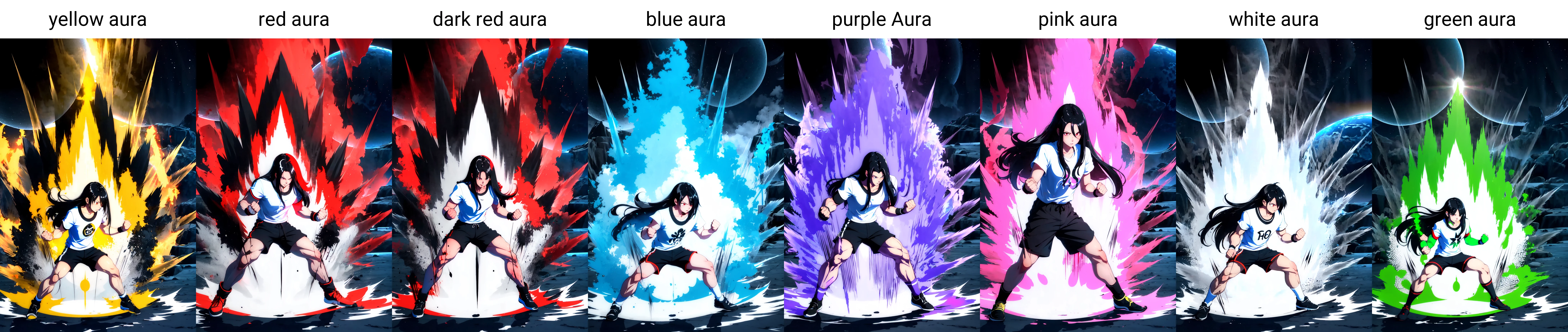 Highly detailed, High Quality, Masterpiece, beautiful, Ki Charge, aura, fighting stance, full body, <lora:DBKiCharge:0.9>, yellow aura, black hair, long hair, red eyes, shorts, short shorts, black shorts, shirt, white shirt