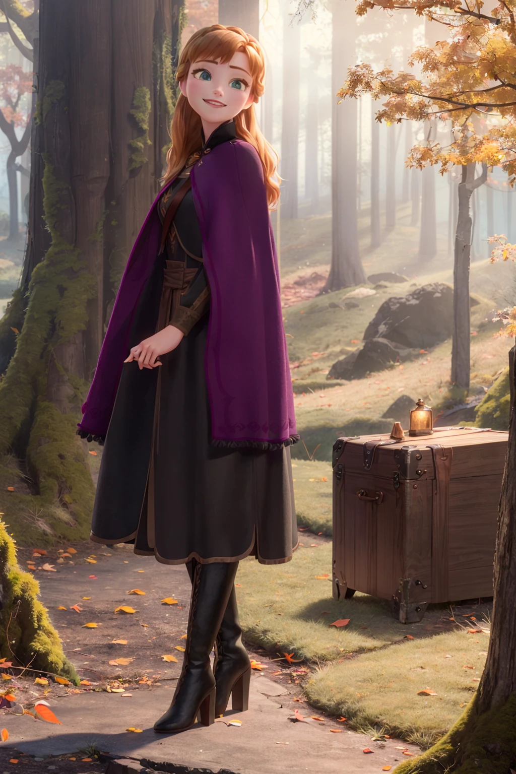 (masterpiece:1.4), (best qualit:1.4), (high resolution:1.4), 
anna of arendelle, black boots, black tunic, long hair, purple cloak,
outdoors, autumn, forest, nature,
looking at viewer, smile,
<lora:anna_of_arendelle_v21:1>