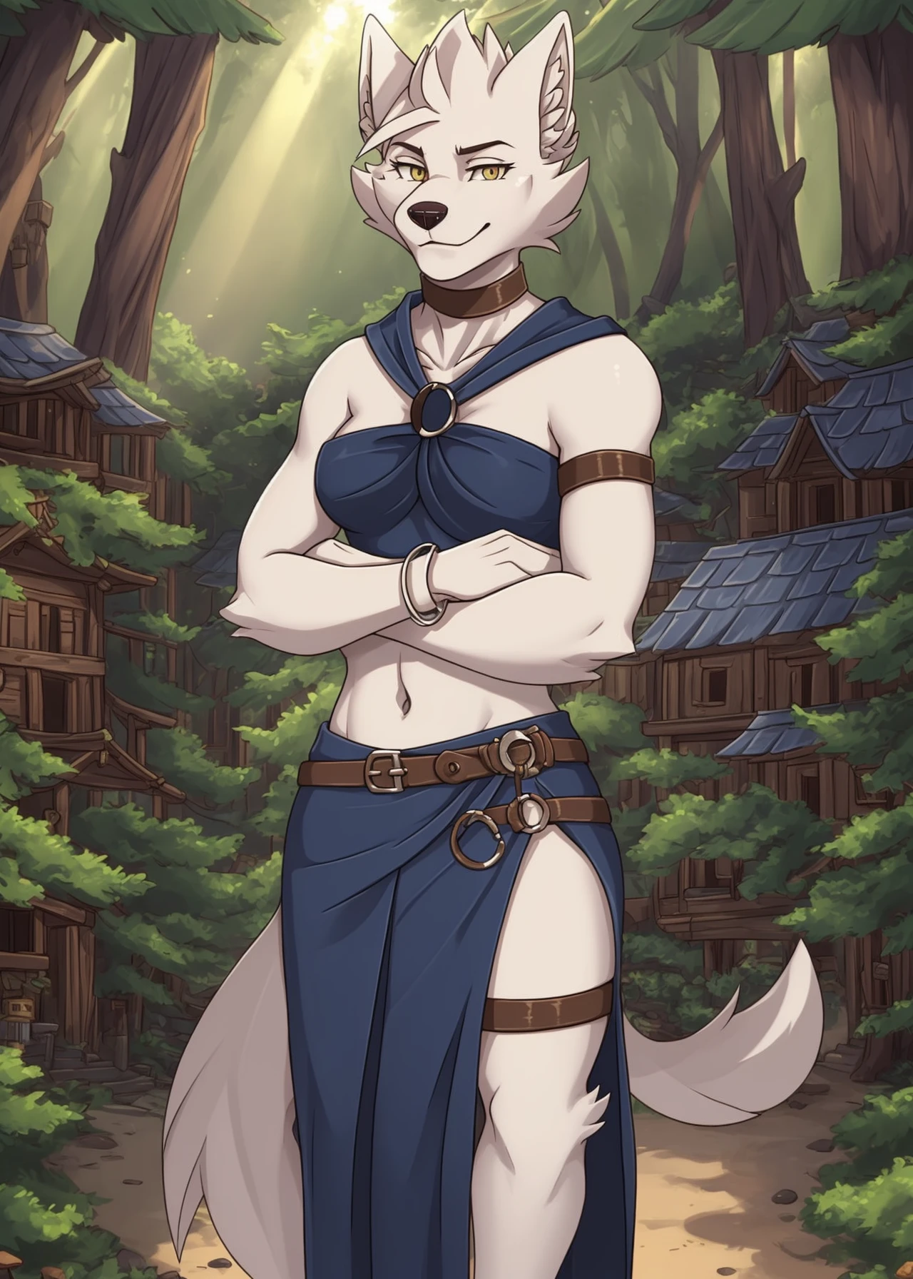 <lora:verissa-07:1>, verissa, solo female, solo, clothed, looking at viewer, smile, navel, bare shoulders, closed mouth, collarbone, choker, belt, bracelet, arm support, ring, armlet, breasts, medium breasts, sunny day, canine face, snout, canine, wolf, (white fur), crossed arms, village, forest middle age village, medieval forest village