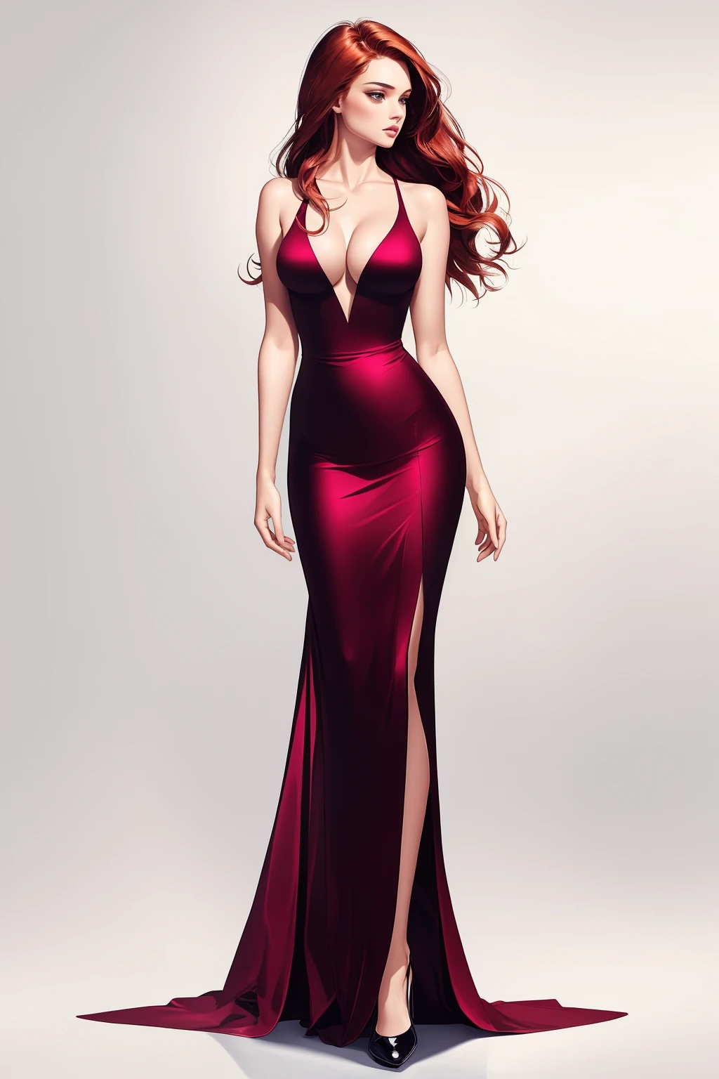 cleavage, 1girl, supermodel, woman, breasts, auburn long hair, masterpiece, best quality, shoes, full body, white background, studio, looking away