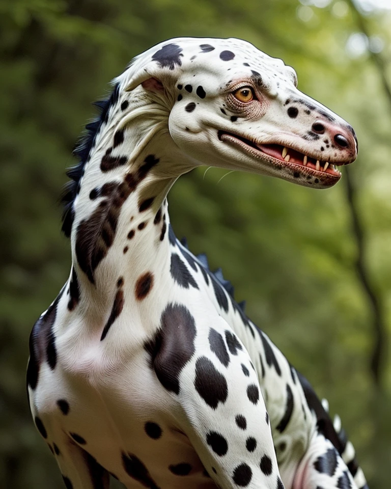 a realistic dalmatian velociraptor dinosaur