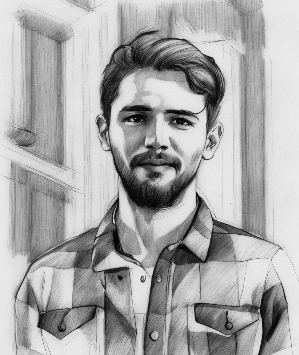 young man with beard, sketch artstyle, graycale, monochrome, ((solo))