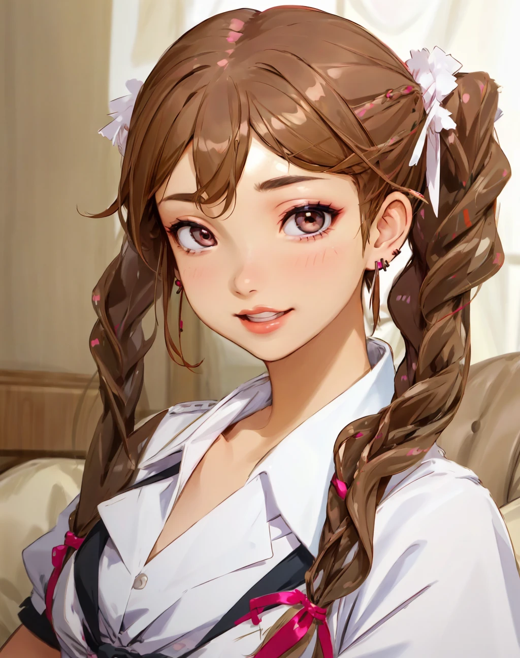 Masterpiece, absurdres, fine detail, HDR,beautiful smile, highly detailed facial features,
1girl, solo, looking at viewer, smile, bangs, brown hair, ribbon, twintails, jewelry, hair ribbon, braid, earrings, teeth, blurry, twin braids, parody, portrait, realistic, edgHitMeBaby, edgHitMeBaby_woman,with a edgHitMeBaby_hairstyle, wearing edgHitMeBaby_outfit
 <lora:edgHitMeBaby1:1>