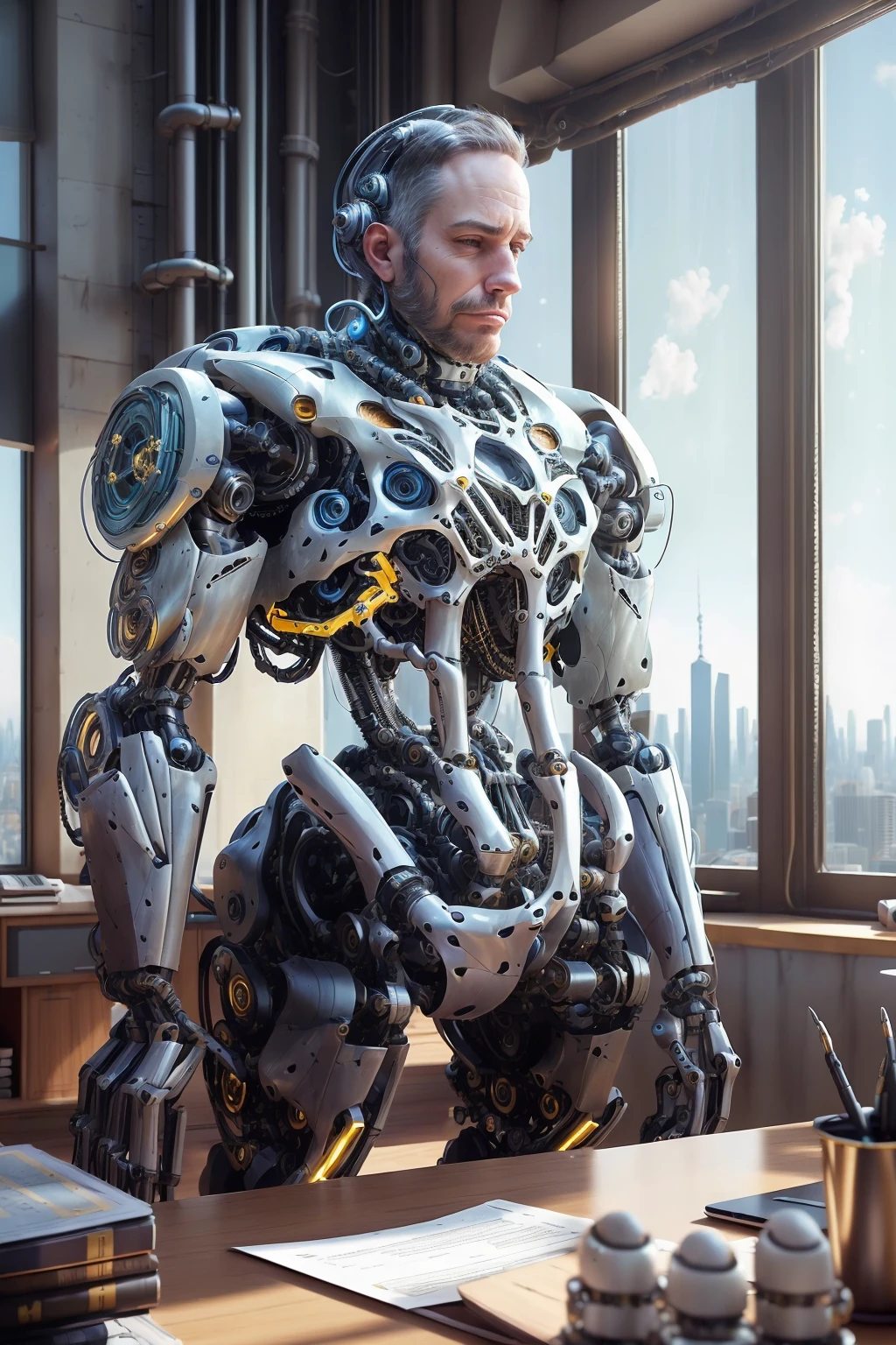 <lora:reelmech1v2:1> (reelmech:1.5),CEO portrait stock photo middle-aged man in luxurious office sitting at desk overlooking city (masterpiece:1.2) (photorealistic:1.2) (bokeh) (best quality) (detailed skin) (intricate) (8k) (HDR) (cinematic lighting) (sharp focus) (Clutter-Home:1.2)