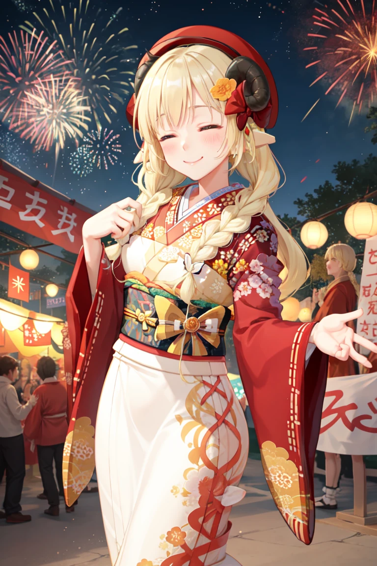Tsunomaki Watame, twin braids, long hair, WatameKimono, floral print, red kimono, sash, hair flower, bow, fur scarf, hat, night, festival, fireworks, smile, standing, cowboy shot, closed eyes