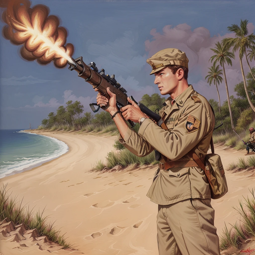 man holding a rifle, soldier, explosions around him, looking stern, vintage art, illustration, upper body perspective<lora:1950sVintageArt:1>