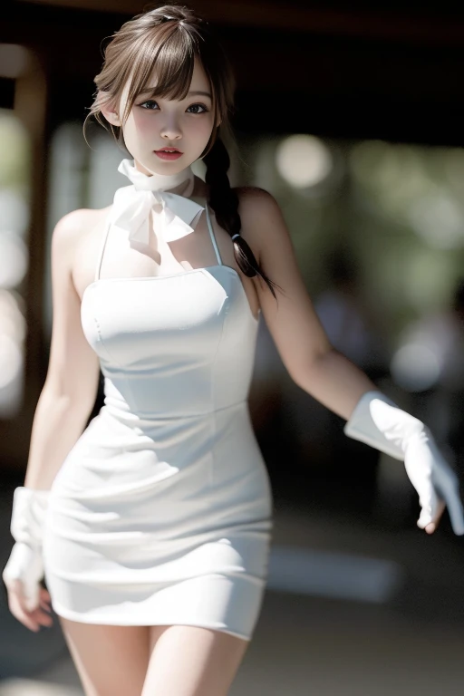 (photo realistic:1.55), <lora:kiki:1>, masterpiece, best quality, detailed, blurry, depth_of_field, blurry_background, blurry_foreground, 1girl, gloves, white_gloves, dress, motion_blur, photo_\(medium\), solo, white_dress