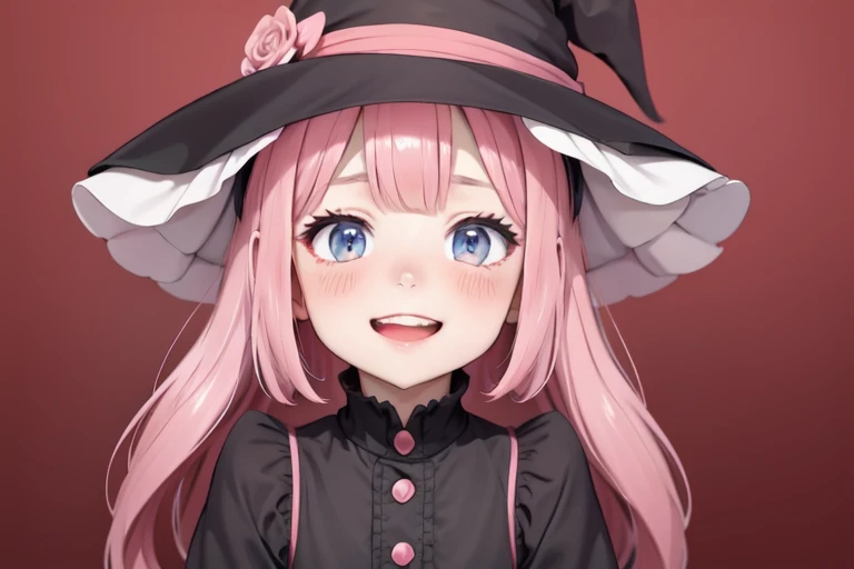 masterpiece,(best quality, high quality, highres:1.2), a woman in a witches hat and black dress with lights behind her and a pink background with a starburst, blurry, depth_of_field, facing_viewer, red_background, red_sky, smile, solo, bloodborne, a hologram, magical realism, (flat_color:1.1), (anime_coloring:1.1), (realistic_nose:-1),(megami magazine:1.1)
