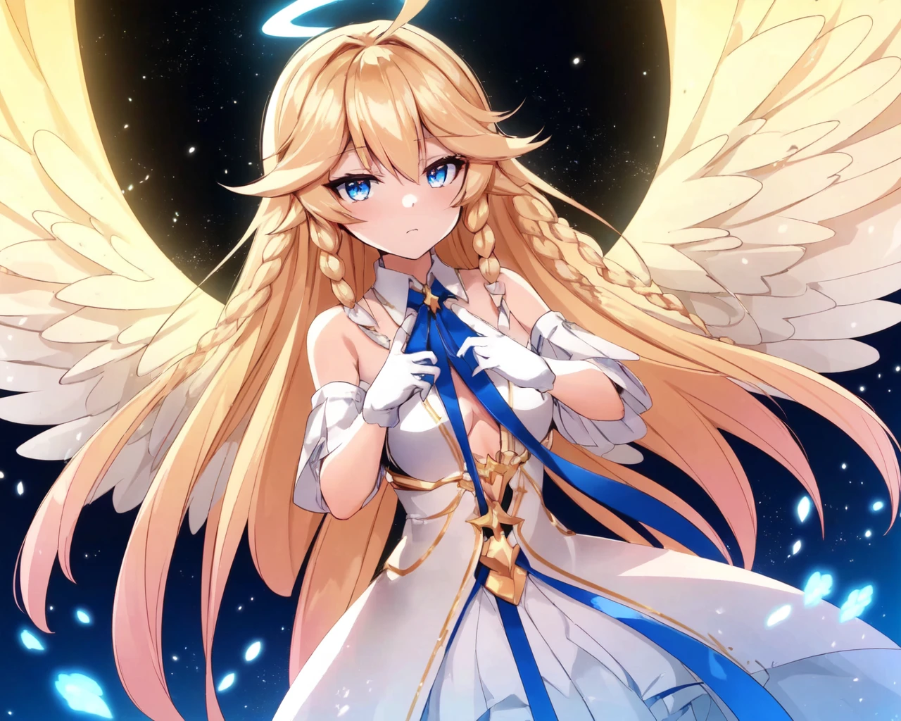 <lora:e7 AOL2:0.7> e7 AOL, dynamic angle, extending her wings, stars in the background, colorful, flying particles of different colors, shiny light, reaching at viewer,
(masterpiece), best quality, highres, 4k, 8k, Detailed Illustration, intricate detail, cinematic lighting, amazing quality, 1girl, fit female, amazing shading, soft lighting, facing camera, perfect eyes,