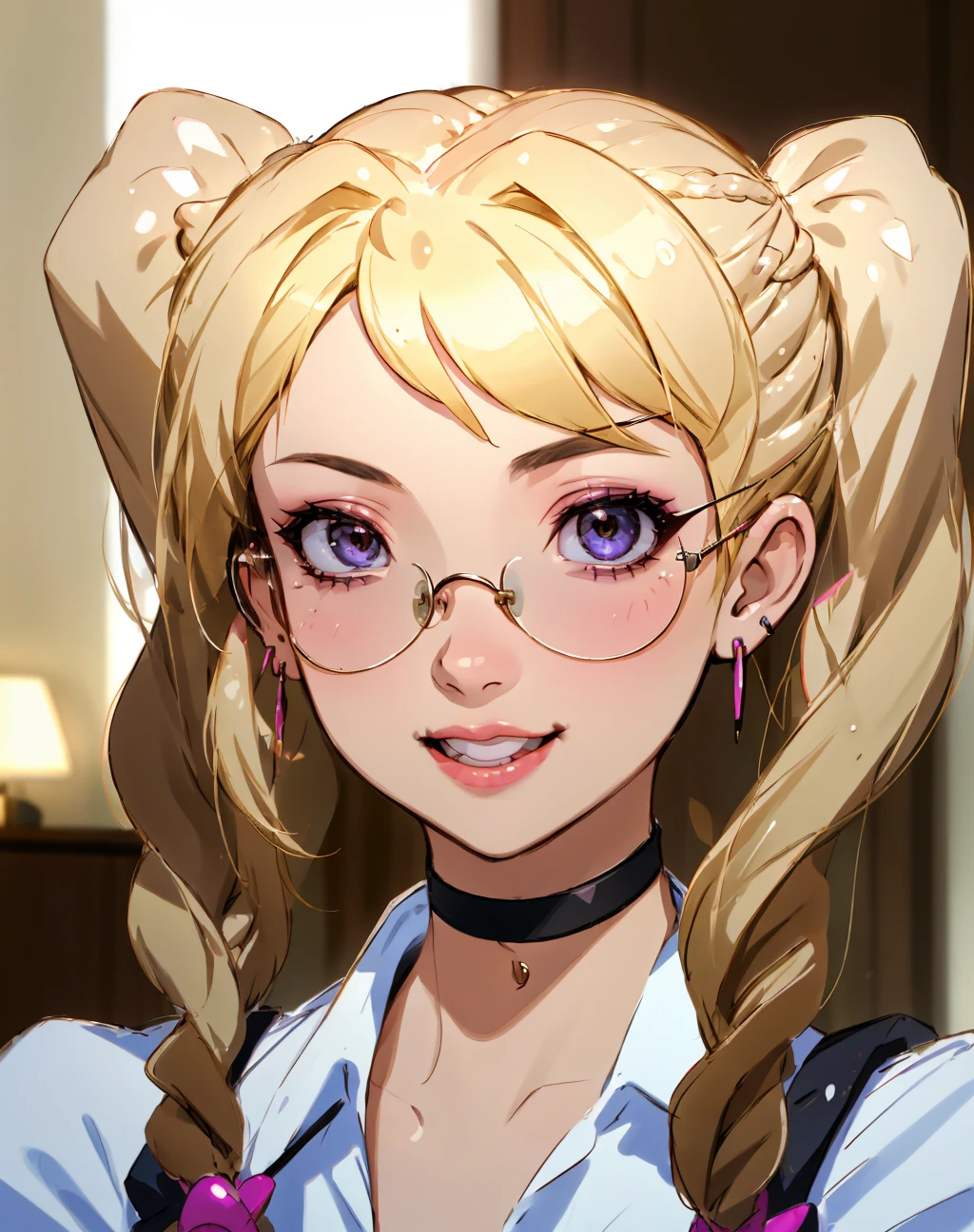 Masterpiece, absurdres, fine detail, HDR,beautiful smile, highly detailed facial features,
1girl, solo, looking at viewer, smile, bangs, brown hair, ribbon, twintails, jewelry, hair ribbon, braid, earrings, teeth, blurry, twin braids, parody, portrait, realistic, edgHitMeBaby, beautiful blonde Nadia ((with sunglasses and a choker)),with a edgHitMeBaby_hairstyle, wearing edgHitMeBaby_outfit
<lora:edgHitMeBaby1:0.78> <lora:Nadia_anime:0.36>