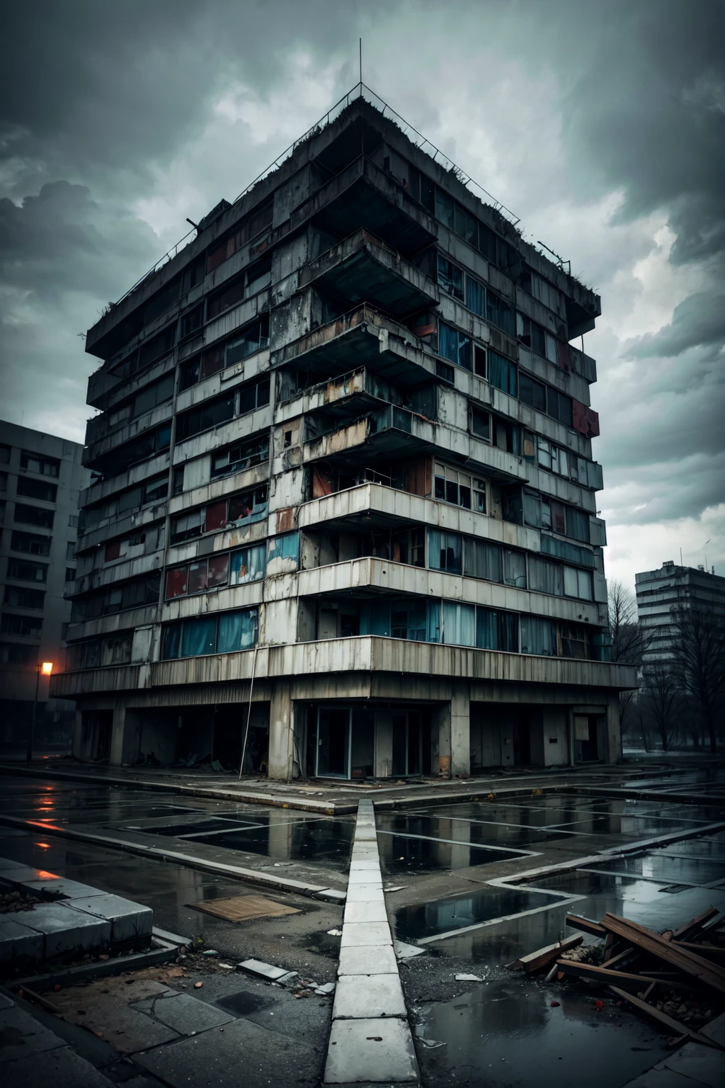 ((Best quality)), ((masterpiece)), abandoned brutalist architecture of Pripyat, rainy day, thunder, thunderbolt, hyper realistic DSLR photo, Nikon D5 <lora:add_detail:1>,black,dark,mist,horror