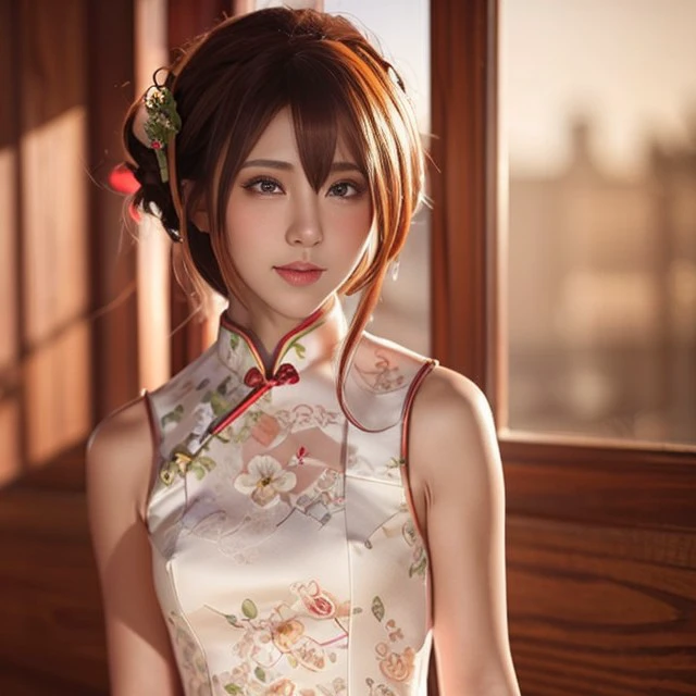 (best quality), (masterpiece), (1girl), solo, cosplay, <lora:minyu:0.85>, <lora:lolibody:0.5>, (photorealistic), hyper realistic, 8k protrait photo, (cowboy shot), depth of field, (indoors), cheongsam, ultra-detailed , good anatomy, beautiful detailed eyes, above knee, photography, bokeh, (nsfw:0.9)