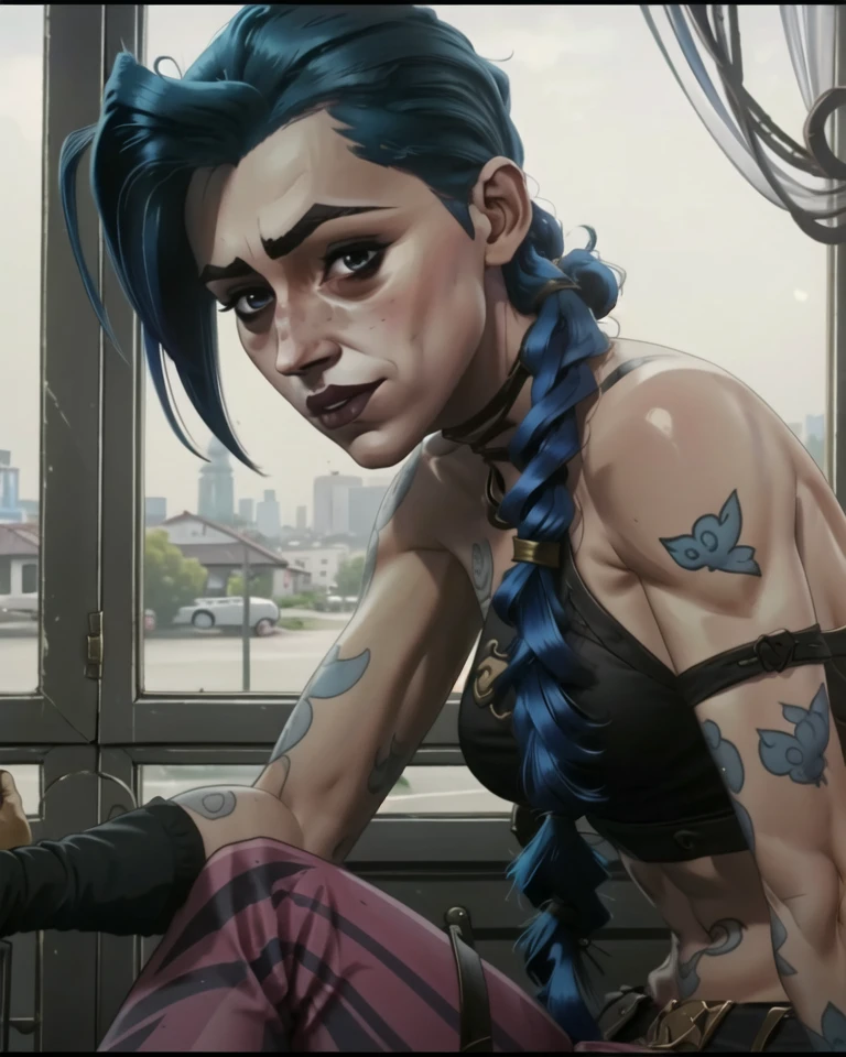 ((j1nxl0l)), <lora:Arcane-Jinx-v1:0.8>,1girl, looking at viewer, lips