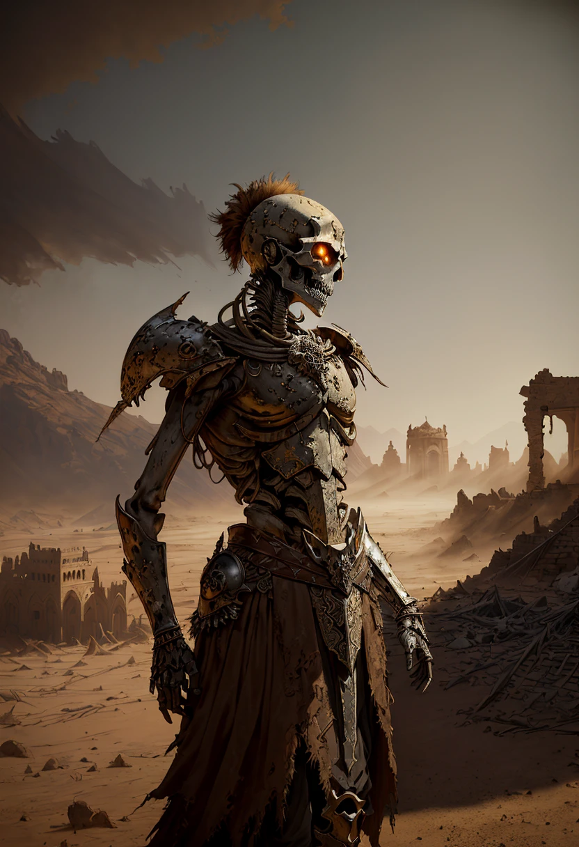 ((best quality)), ((masterpiece)), ((ultra realistic)), ((dark fantasy style)), beautiful intricately detailed soft oil painting of a skeleton warrior standing in the desert ruins, intricately detailed rusted armor, torn shreds of cloth, sandstorm, terrifying skull with glowing eyes, old crumbling ancient buildings, diffuse lighting, dust devils, vast distant sand storm,