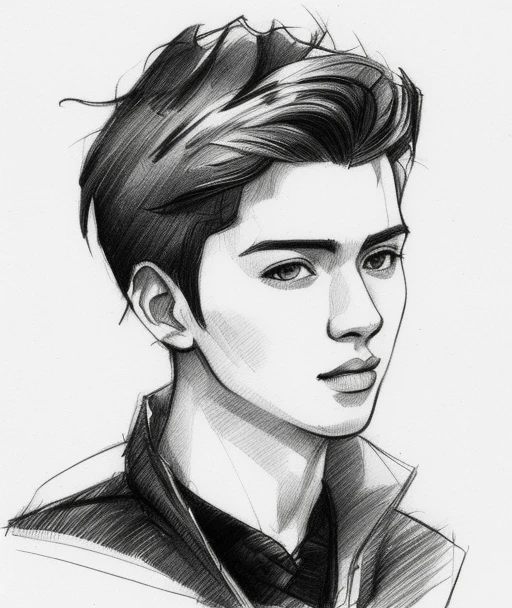 A young man, sketch artstyle, graycale, monochrome, ((solo))
