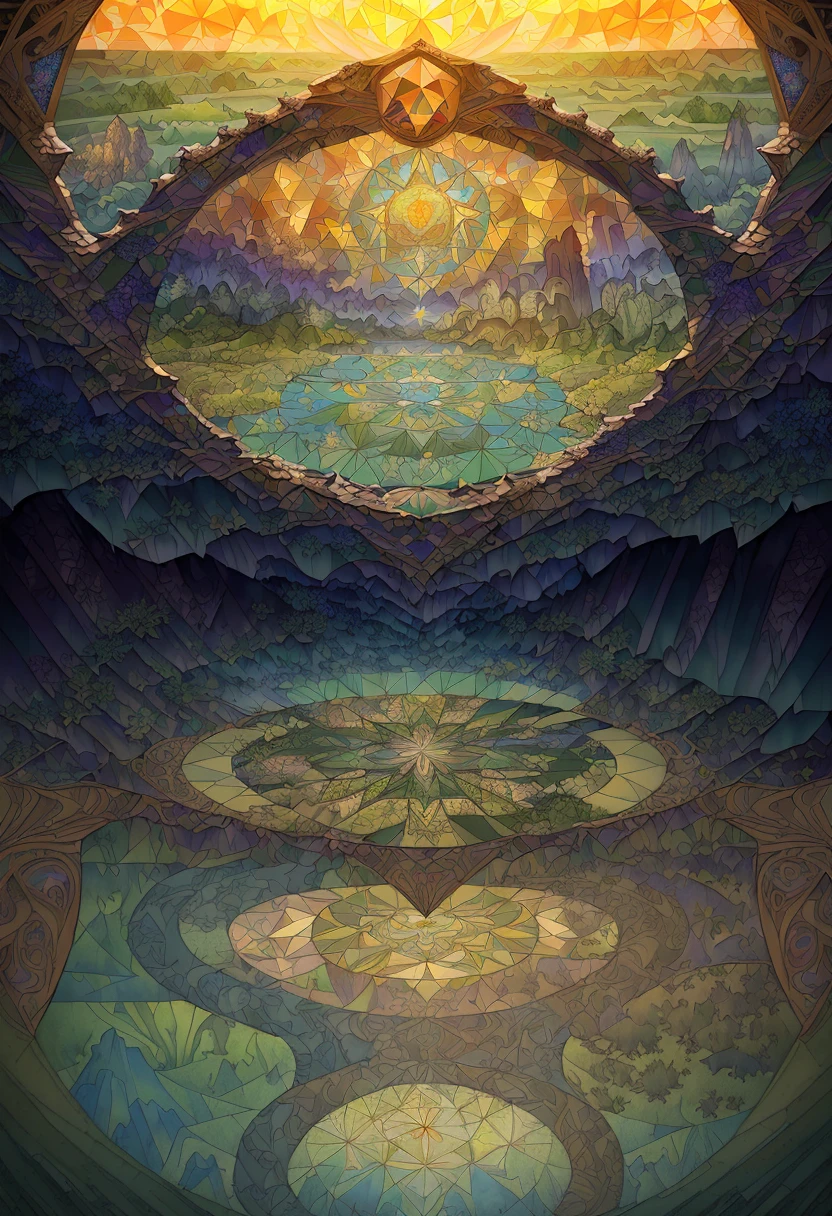 ((best quality)), ((masterpiece)), ((ultra realistic)), ((Art Nouveau style)), beautiful intricately detailed soft oil painting by mc escher|jim lee of a of an impossible landscape, chaos, (Kaleidoscope dimensional rift:1.4), infinite falling broken biomes, aquatic, grassland, forest, desert, tundra, cinematic film still from krull|doctor strange, vibrant trippy colors,