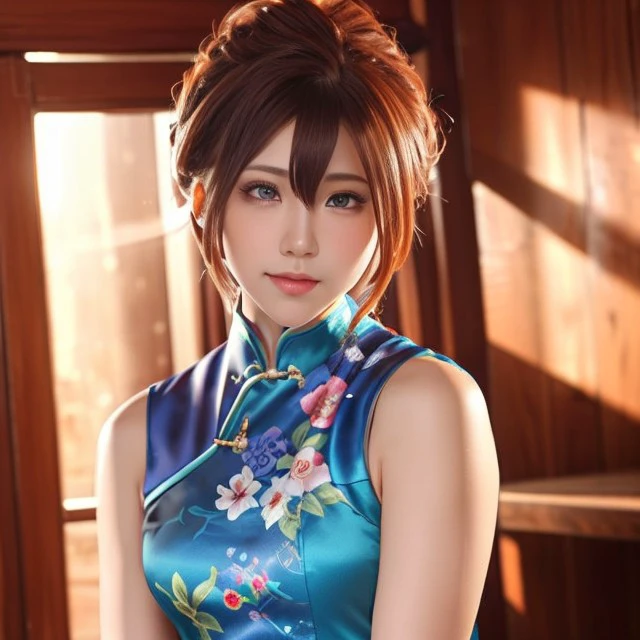 (best quality), (masterpiece), (1girl), solo, cosplay, <lora:minyu:0.85>, <lora:lolibody:0.5>, (photorealistic), hyper realistic, 8k protrait photo, (cowboy shot), depth of field, (indoors), cheongsam, ultra-detailed , good anatomy, beautiful detailed eyes, above knee, photography, bokeh