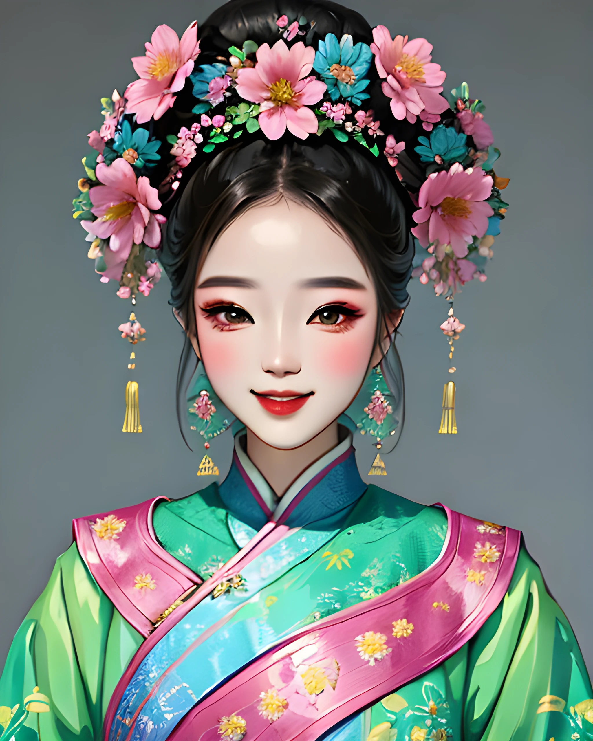 woman wearing qingfashion, portrait, sweet smile, spring flowers, (blue green and pink), masterpiece, 8k, highest quality, trending on artstation