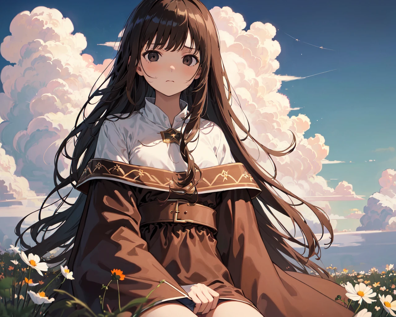 (best quality, masterpiece), (1girl, solo, brown robe, expression face, looking away, sitting, wide sleeves, black eyes, closed mouth, long hair, cowboy shot), (clear sky, cosmos flower filed, cloud),
